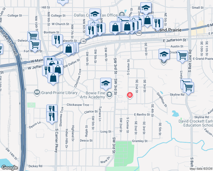 map of restaurants, bars, coffee shops, grocery stores, and more near 617 Ouida Street in Grand Prairie