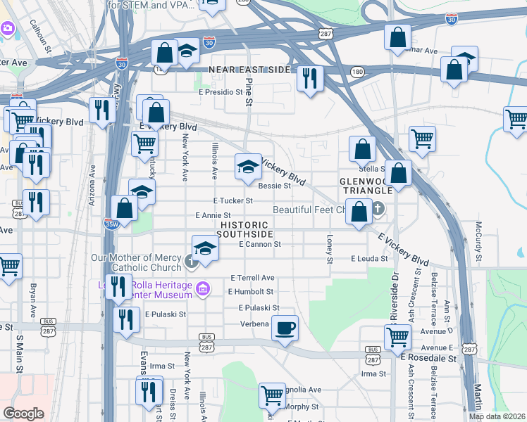 map of restaurants, bars, coffee shops, grocery stores, and more near 1225 East Annie Street in Fort Worth