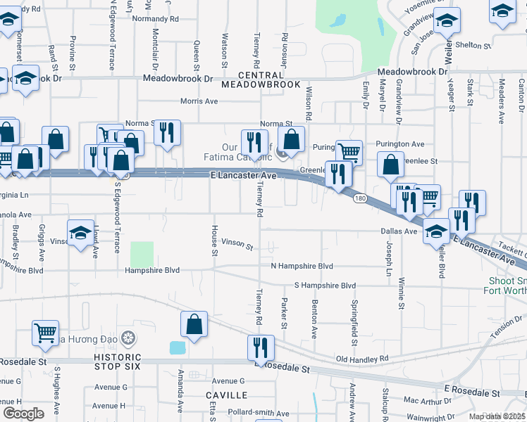 map of restaurants, bars, coffee shops, grocery stores, and more near 601 Tierney Road in Fort Worth