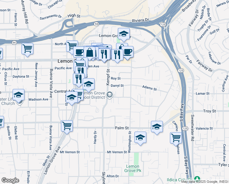 map of restaurants, bars, coffee shops, grocery stores, and more near 3055 Julielynn Way in Lemon Grove