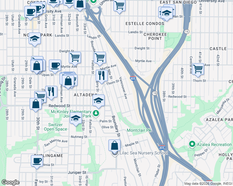 map of restaurants, bars, coffee shops, grocery stores, and more near 3127 Nile Street in San Diego