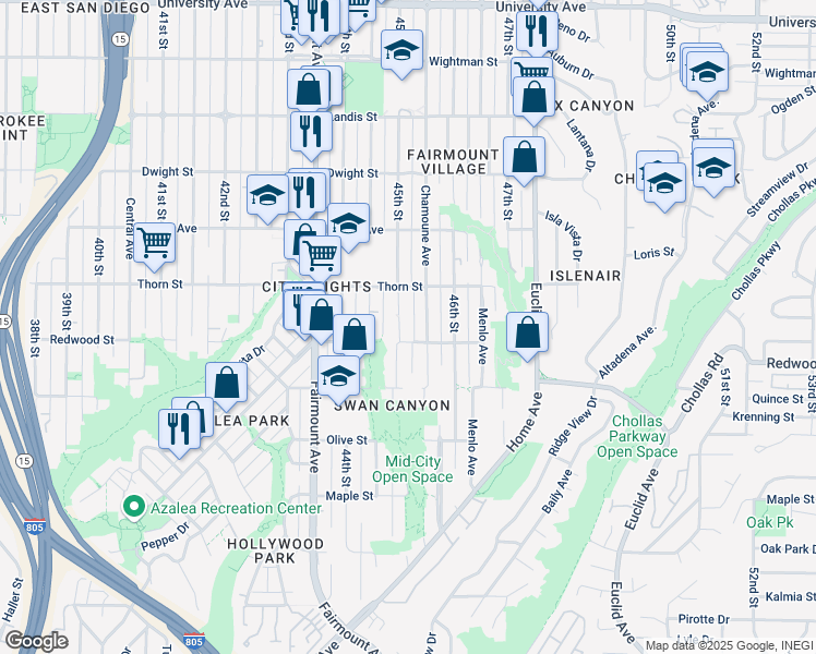 map of restaurants, bars, coffee shops, grocery stores, and more near 3125 45th Street in San Diego