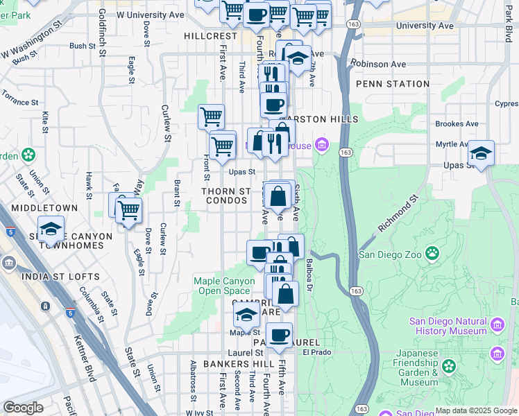 map of restaurants, bars, coffee shops, grocery stores, and more near 3200 Fourth Avenue in San Diego