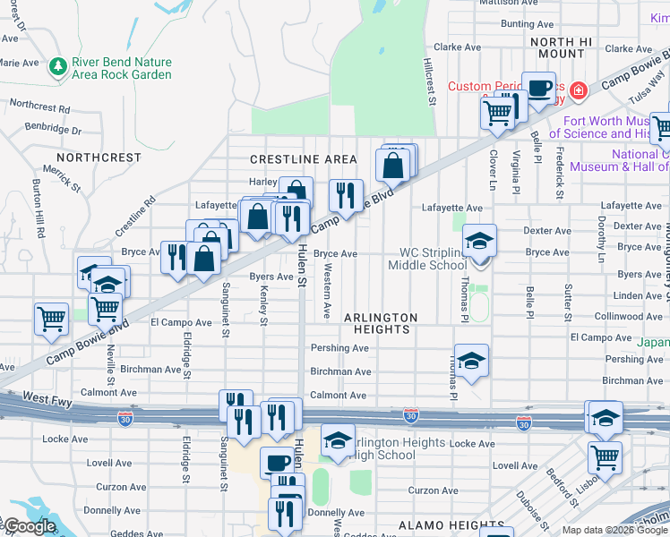 map of restaurants, bars, coffee shops, grocery stores, and more near 2113 Western Avenue in Fort Worth