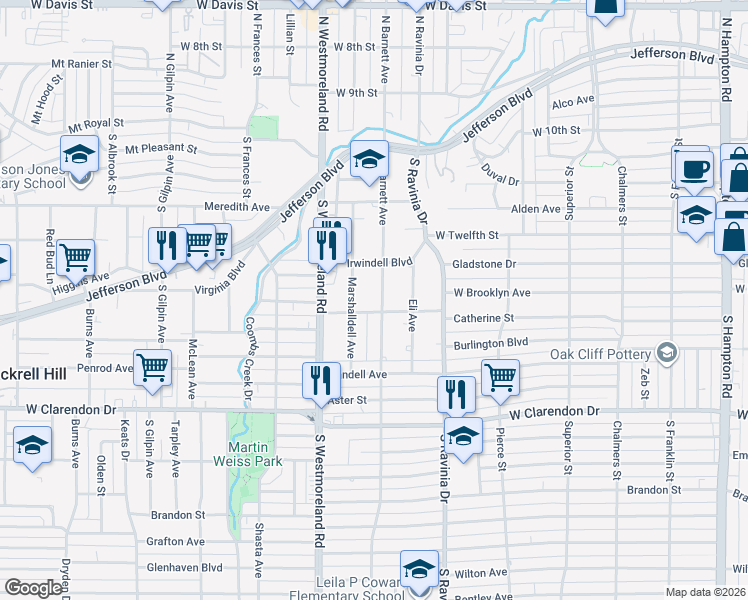 map of restaurants, bars, coffee shops, grocery stores, and more near 706 South Barnett Avenue in Dallas