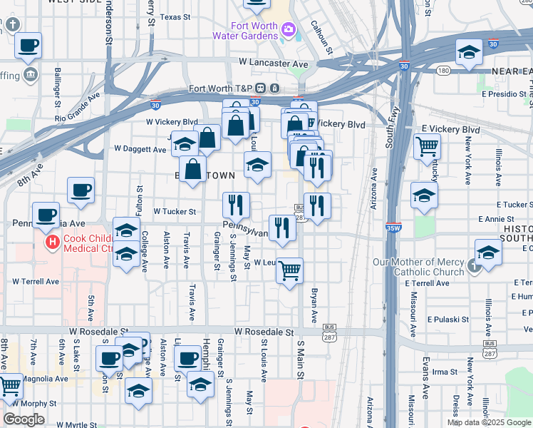 map of restaurants, bars, coffee shops, grocery stores, and more near 400 East Pennsylvania Avenue in Fort Worth