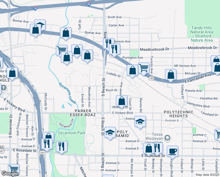 map of restaurants, bars, coffee shops, grocery stores, and more near 510 Parkdale Avenue in Fort Worth