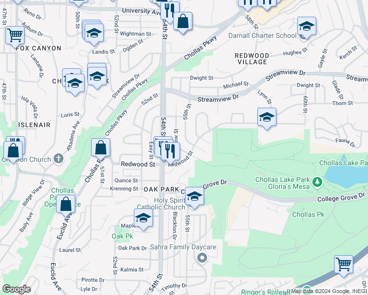 map of restaurants, bars, coffee shops, grocery stores, and more near 5468 Chollas Station Road in San Diego