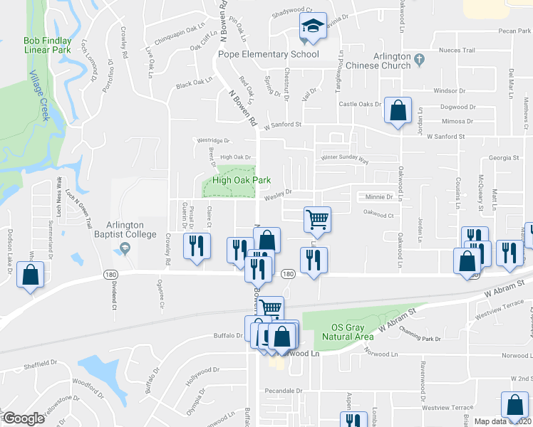 map of restaurants, bars, coffee shops, grocery stores, and more near 435 North Bowen Road in Arlington