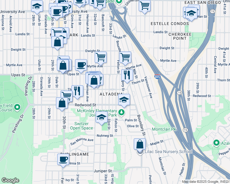 map of restaurants, bars, coffee shops, grocery stores, and more near 3236 Felton Street in San Diego