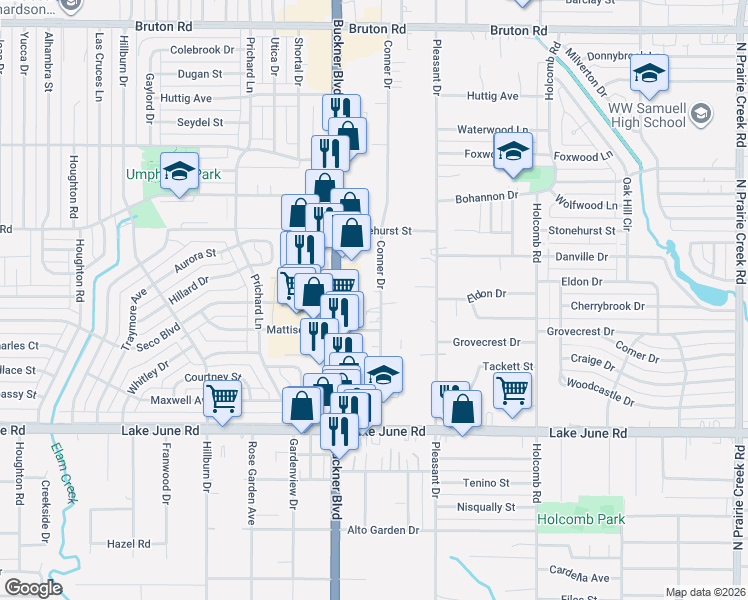 map of restaurants, bars, coffee shops, grocery stores, and more near 1529 Conner Drive in Dallas