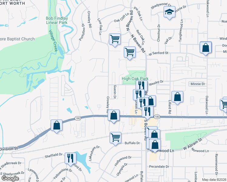 map of restaurants, bars, coffee shops, grocery stores, and more near 522 Guerin Drive in Arlington