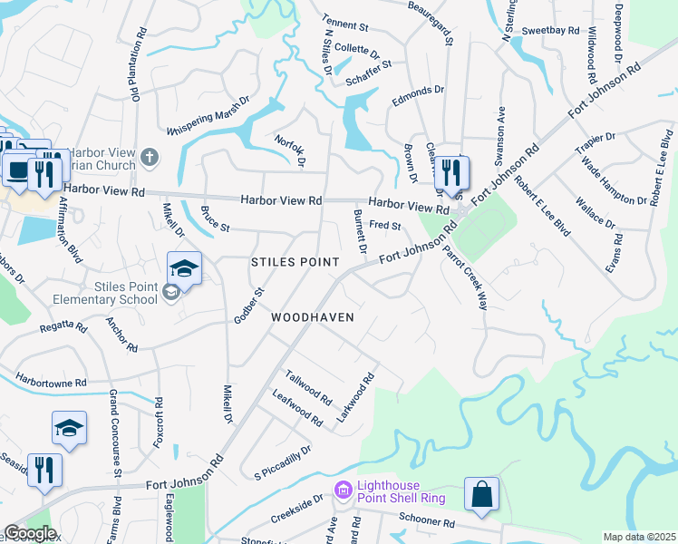 map of restaurants, bars, coffee shops, grocery stores, and more near 704 Marlin Lane in Charleston
