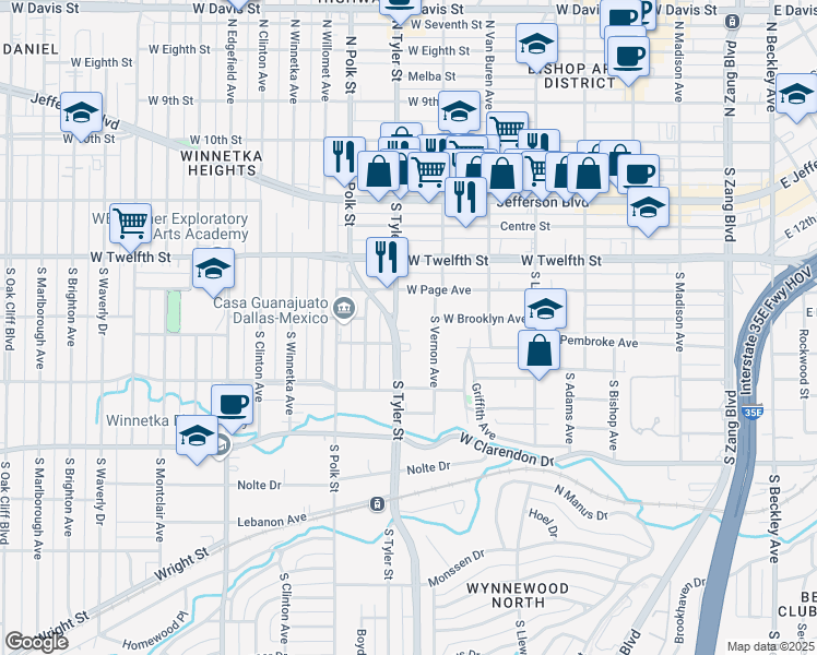 map of restaurants, bars, coffee shops, grocery stores, and more near 706 South Tyler Street in Dallas