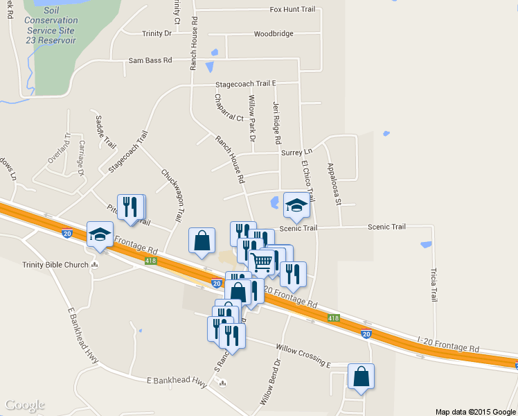 map of restaurants, bars, coffee shops, grocery stores, and more near 210 Ranch House Road in Willow Park