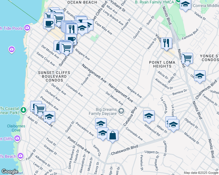 map of restaurants, bars, coffee shops, grocery stores, and more near 4435 Narragansett Avenue in San Diego