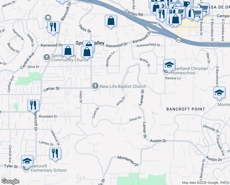 map of restaurants, bars, coffee shops, grocery stores, and more near 9359 Lamar Street in Spring Valley