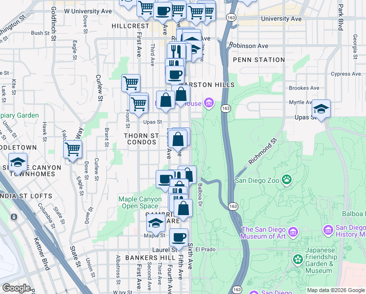map of restaurants, bars, coffee shops, grocery stores, and more near 3211 Fifth Avenue in San Diego