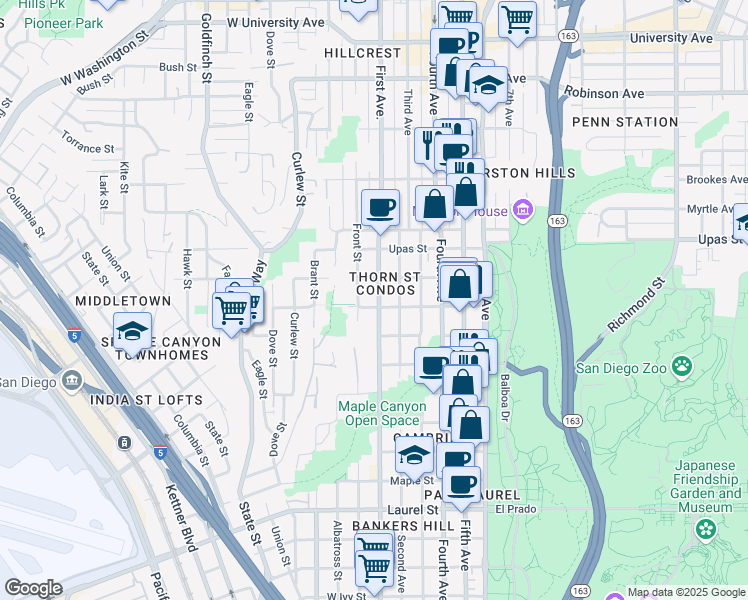 map of restaurants, bars, coffee shops, grocery stores, and more near 3220 1st Avenue in San Diego