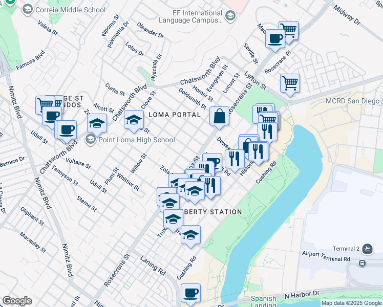 map of restaurants, bars, coffee shops, grocery stores, and more near 3025 Curtis Street in San Diego