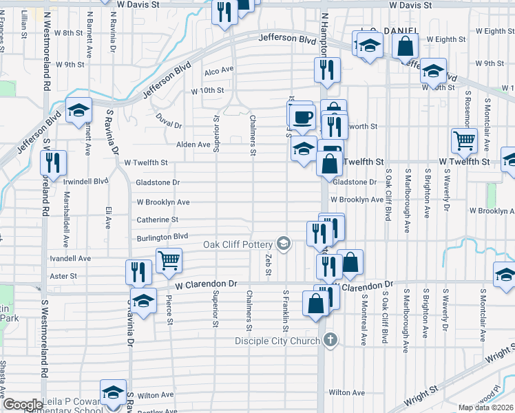 map of restaurants, bars, coffee shops, grocery stores, and more near 2542 West Brooklyn Avenue in Dallas
