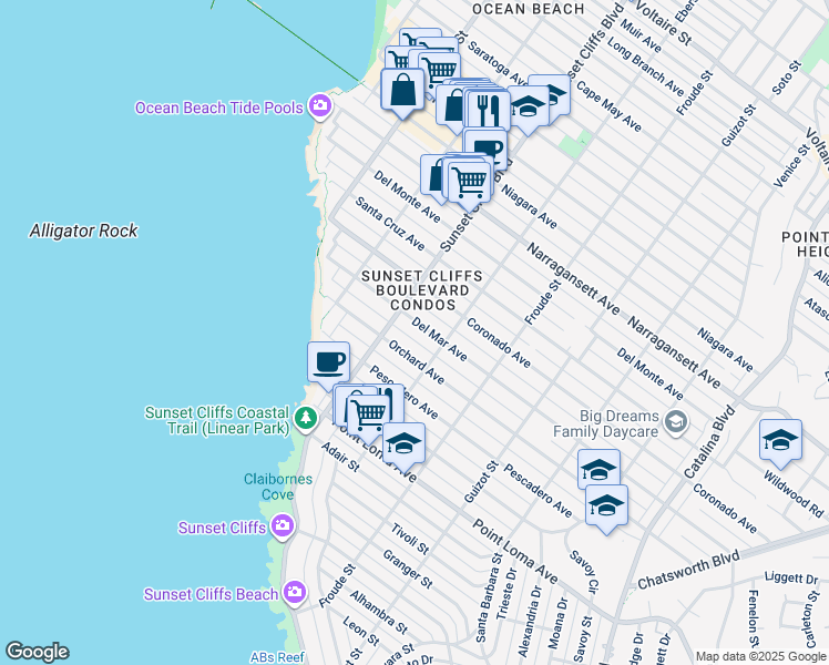 map of restaurants, bars, coffee shops, grocery stores, and more near 4755 Del Mar Avenue in San Diego