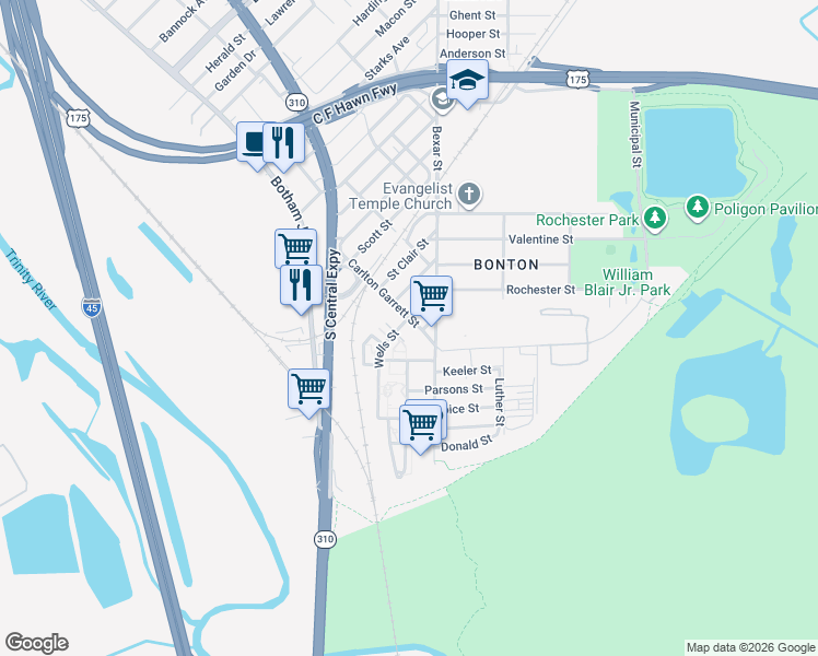map of restaurants, bars, coffee shops, grocery stores, and more near 6307 Municipal Street in Dallas