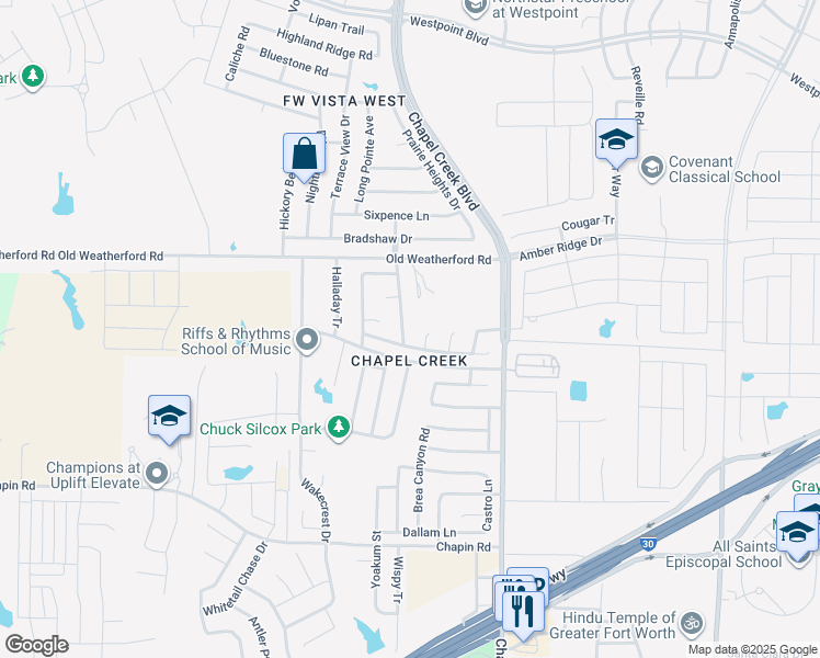 map of restaurants, bars, coffee shops, grocery stores, and more near 2313 Rolling Creek Run in Fort Worth