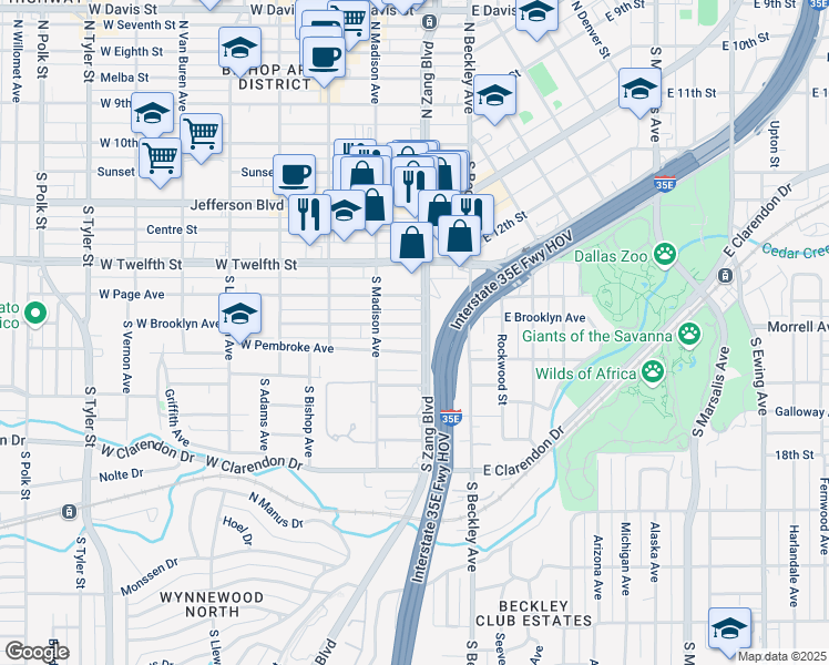 map of restaurants, bars, coffee shops, grocery stores, and more near 206 West Brooklyn Avenue in Dallas