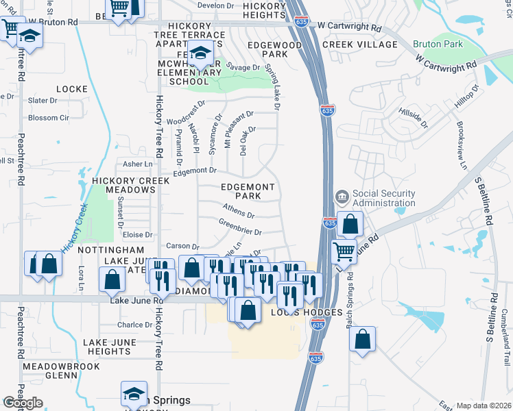 map of restaurants, bars, coffee shops, grocery stores, and more near 1300 Rusk Dr in Mesquite