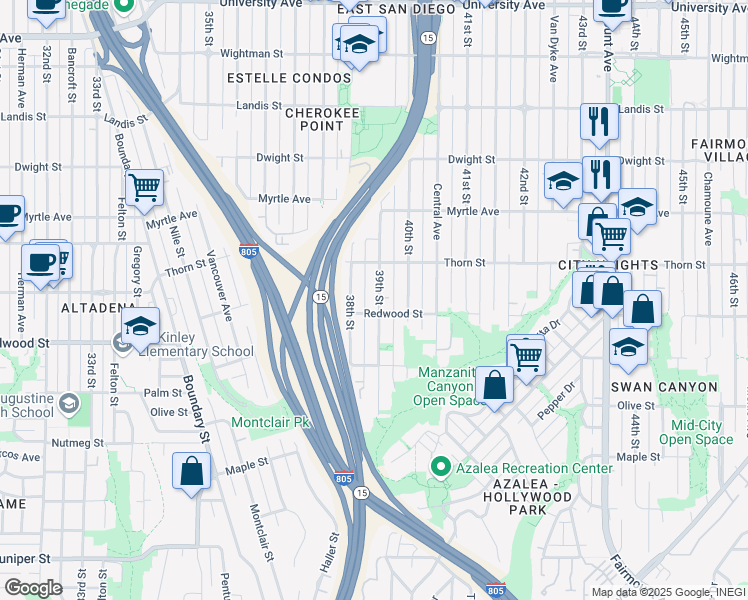 map of restaurants, bars, coffee shops, grocery stores, and more near 3122 39th Street in San Diego
