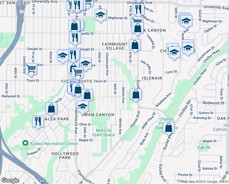 map of restaurants, bars, coffee shops, grocery stores, and more near 3128 46th Street in San Diego
