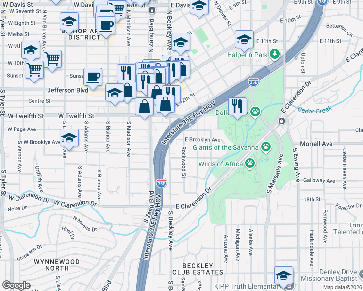 map of restaurants, bars, coffee shops, grocery stores, and more near 709 Rockwood Street in Dallas