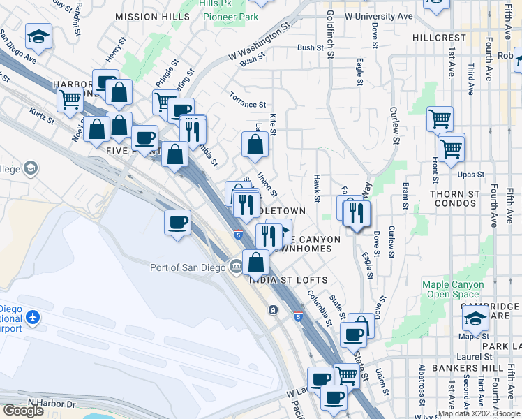 map of restaurants, bars, coffee shops, grocery stores, and more near in San Diego
