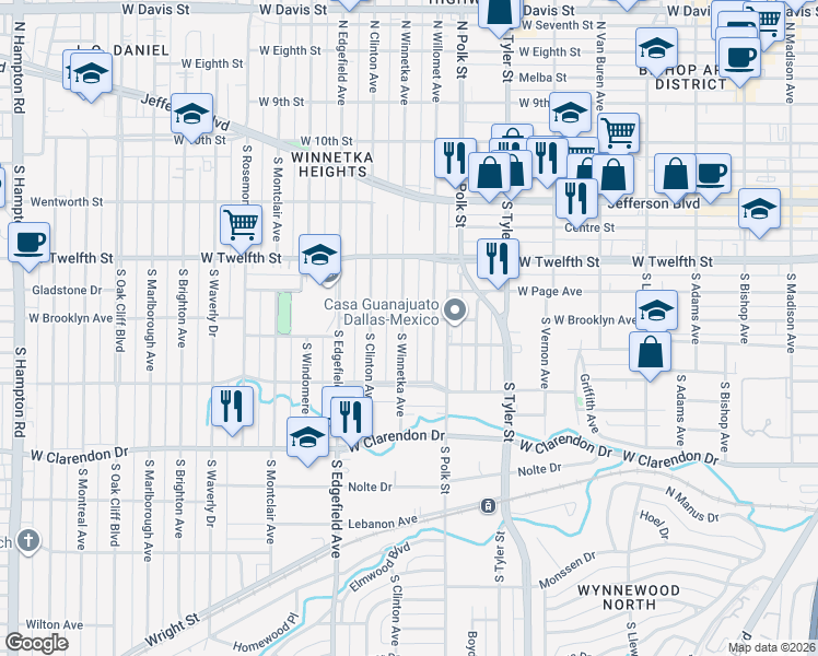 map of restaurants, bars, coffee shops, grocery stores, and more near 706 South Winnetka Avenue in Dallas