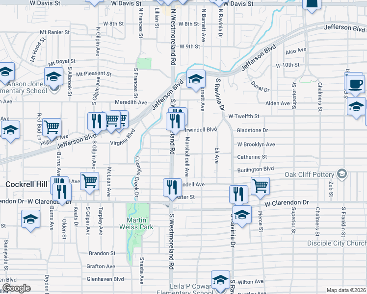 map of restaurants, bars, coffee shops, grocery stores, and more near 711 Marshalldell Avenue in Dallas