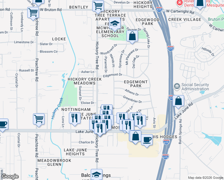 map of restaurants, bars, coffee shops, grocery stores, and more near 2301 Narobi Place in Mesquite