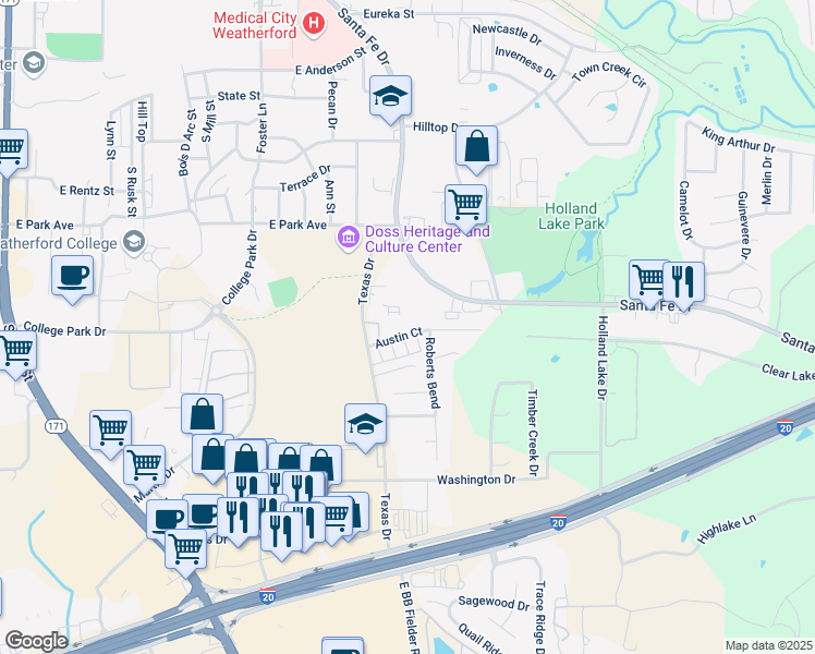 map of restaurants, bars, coffee shops, grocery stores, and more near 939 Austin Court in Weatherford