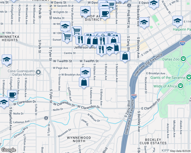 map of restaurants, bars, coffee shops, grocery stores, and more near 440 West Brooklyn Avenue in Dallas