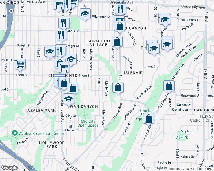 map of restaurants, bars, coffee shops, grocery stores, and more near 3137b Menlo Avenue in San Diego