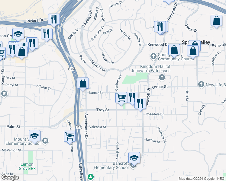 map of restaurants, bars, coffee shops, grocery stores, and more near 8780 Lamar Street in Spring Valley