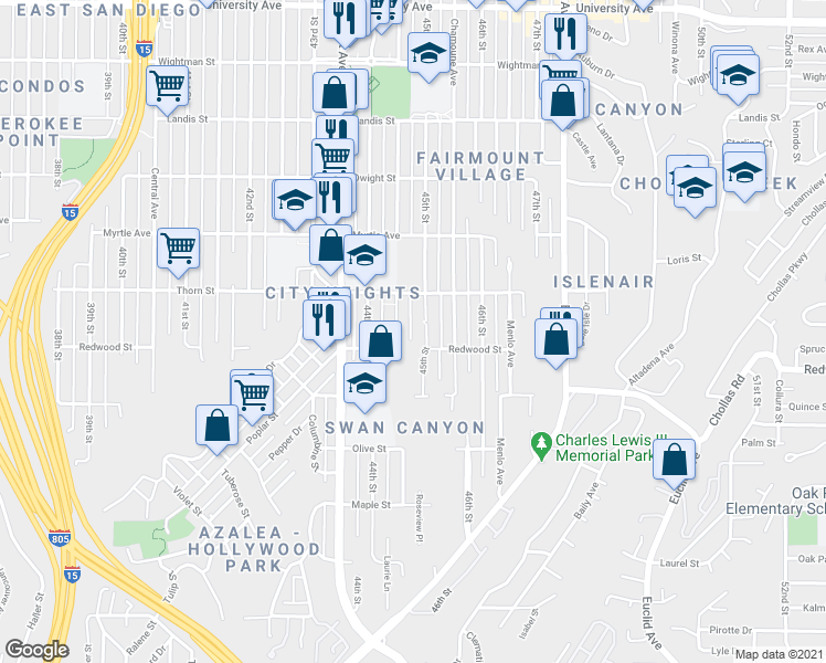 map of restaurants, bars, coffee shops, grocery stores, and more near 3125 45th Street in San Diego