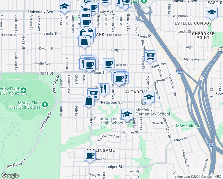 map of restaurants, bars, coffee shops, grocery stores, and more near 3245 Herman Avenue in San Diego