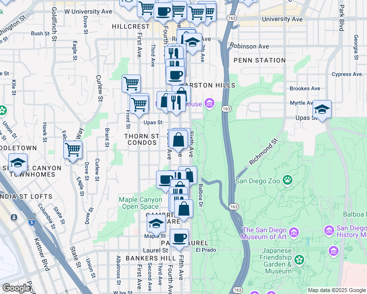 map of restaurants, bars, coffee shops, grocery stores, and more near 430 Spruce Street in San Diego