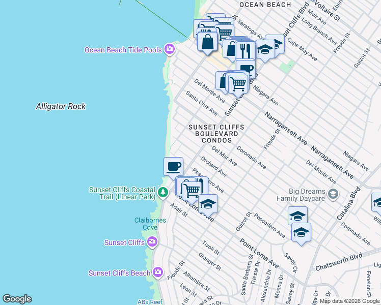 map of restaurants, bars, coffee shops, grocery stores, and more near 4825 Orchard Avenue in San Diego