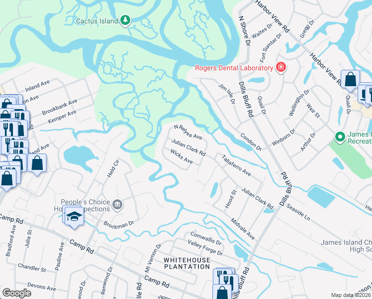 map of restaurants, bars, coffee shops, grocery stores, and more near 1307 Julian Clark Road in Charleston