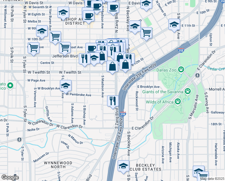 map of restaurants, bars, coffee shops, grocery stores, and more near 206 West Brooklyn Avenue in Dallas