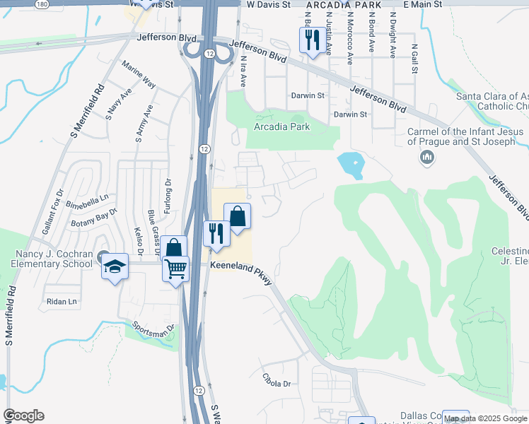map of restaurants, bars, coffee shops, grocery stores, and more near 5480 Preakness Lane in Dallas