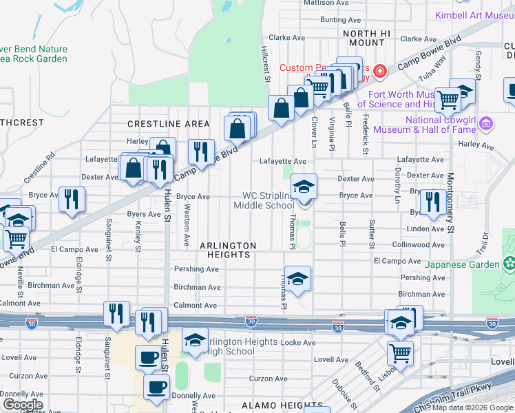map of restaurants, bars, coffee shops, grocery stores, and more near 2108 Hillcrest Street in Fort Worth