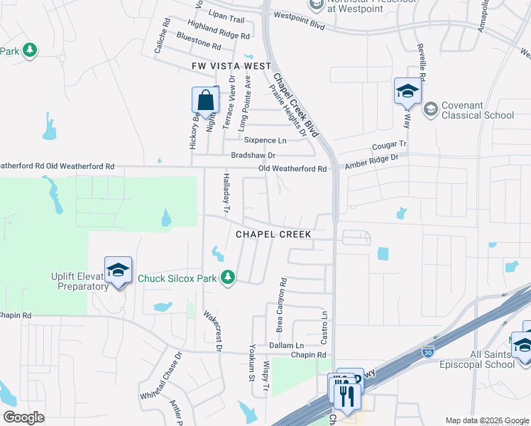 map of restaurants, bars, coffee shops, grocery stores, and more near 2308 Rolling Creek Run in Fort Worth